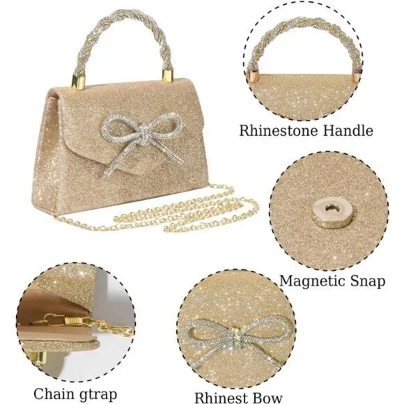 Women Bag Sparkly Bow Clutch Bags Gold - Picture 6 of 6